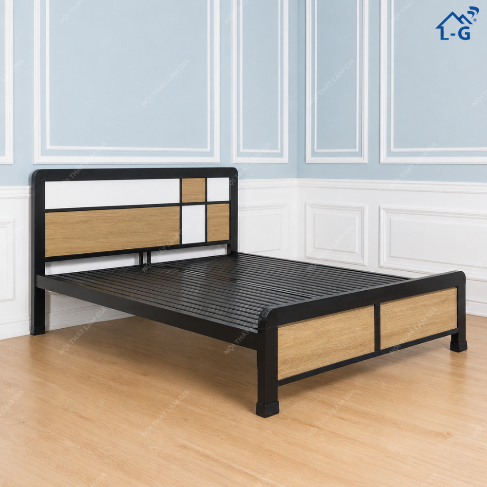 Giường Sắt Hộp 4x8 Đầu Giường Gỗ MDF (GSD-LG)