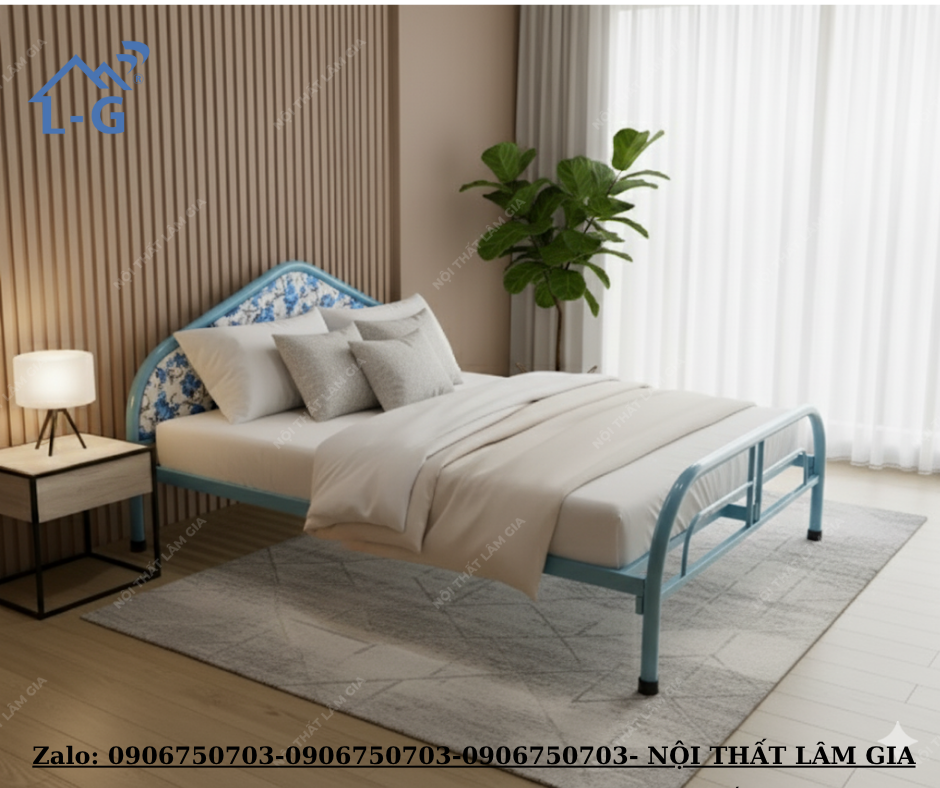 Giường Sắt Ống Tròn Xanh 1M Giá Rẻ