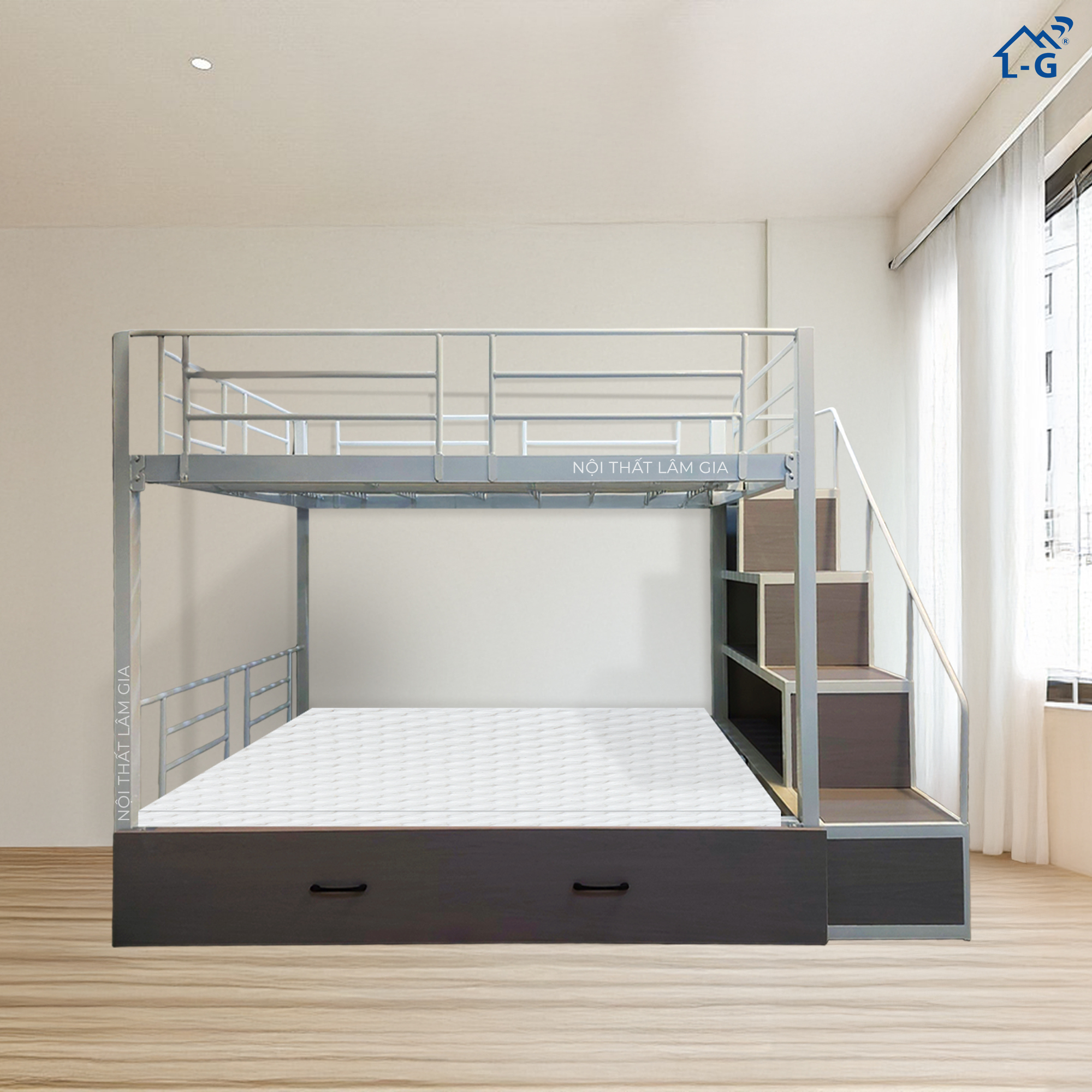 Giường Tầng Sắt Hộp 4x4 Vuông Cầu Thang Bậc Hộp Kín Bên Hông (GTS4X4CTHKK)