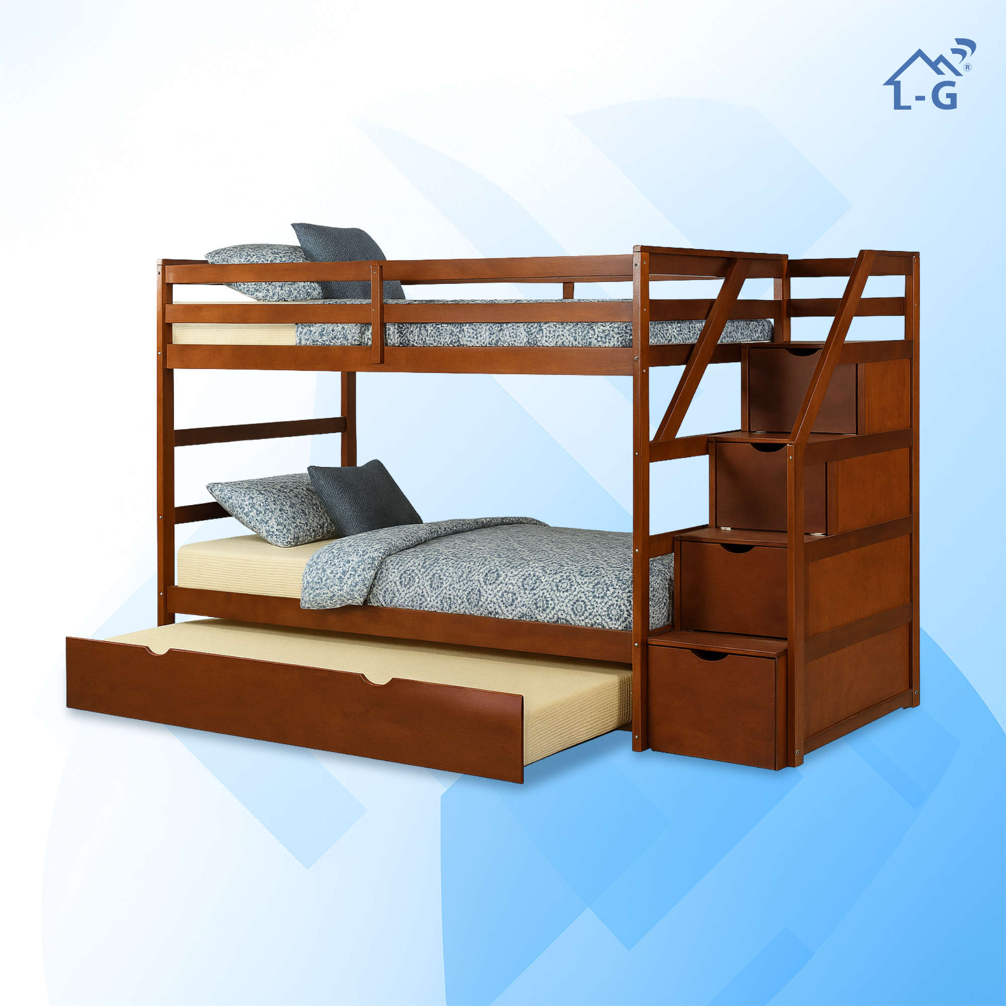 Giường Tầng Gỗ Thông Cầu Thang Hộp Có Giường Kéo 1M/1M