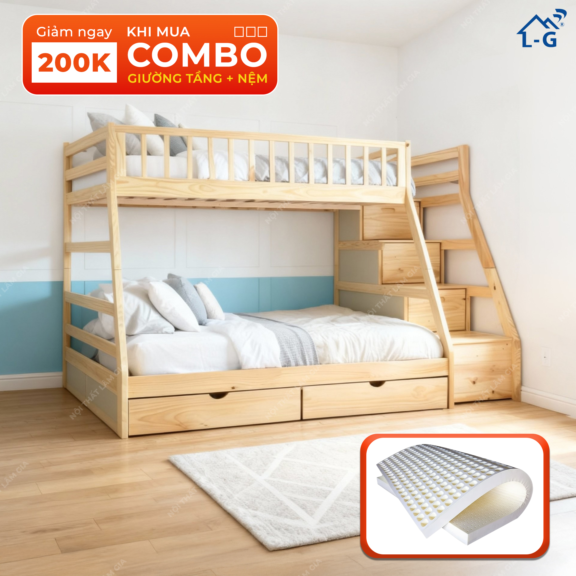 Giường Tầng Gỗ Thông Cầu Thang Hộp Có Hộc Kéo 1M/1M4