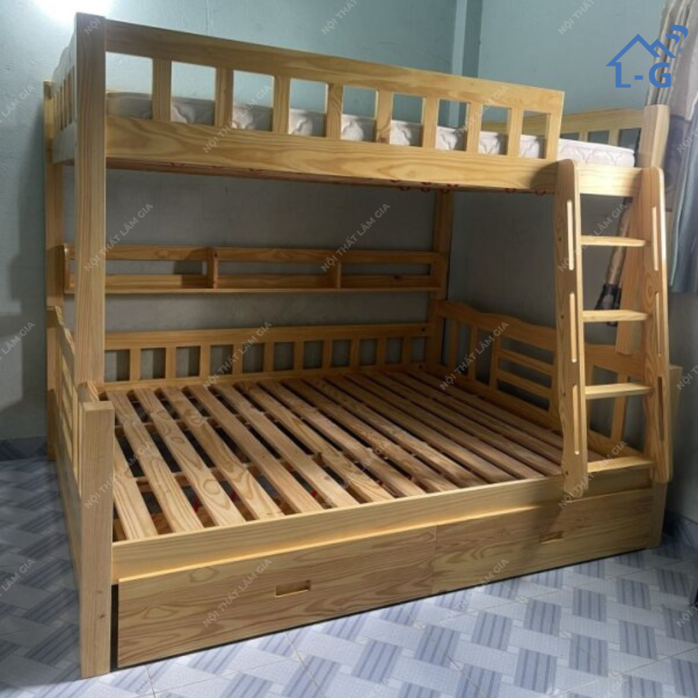 Giường Tầng Gỗ Thông Mỹ 2 Tầng Lệch 1M2/1M6 (BUN)