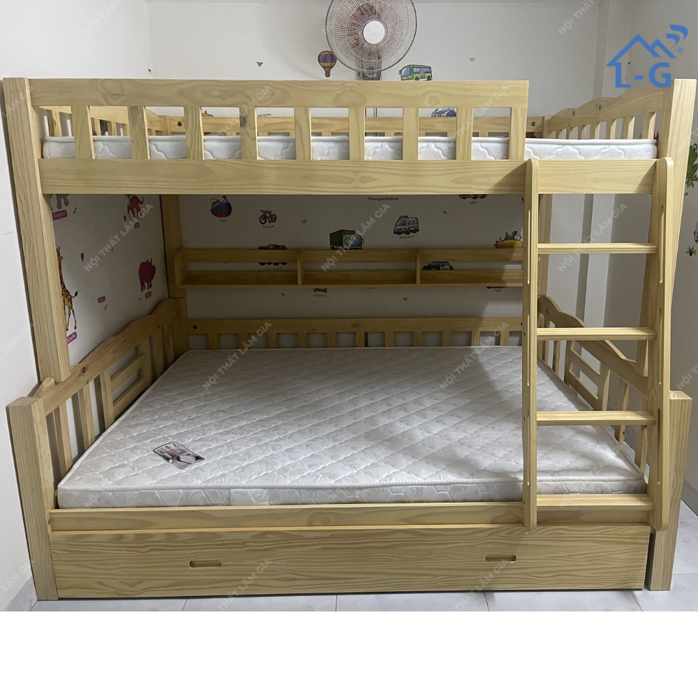 Giường Tầng Gỗ Thông Mỹ 2 Tầng Lệch 1M2/1M6 (BUN)