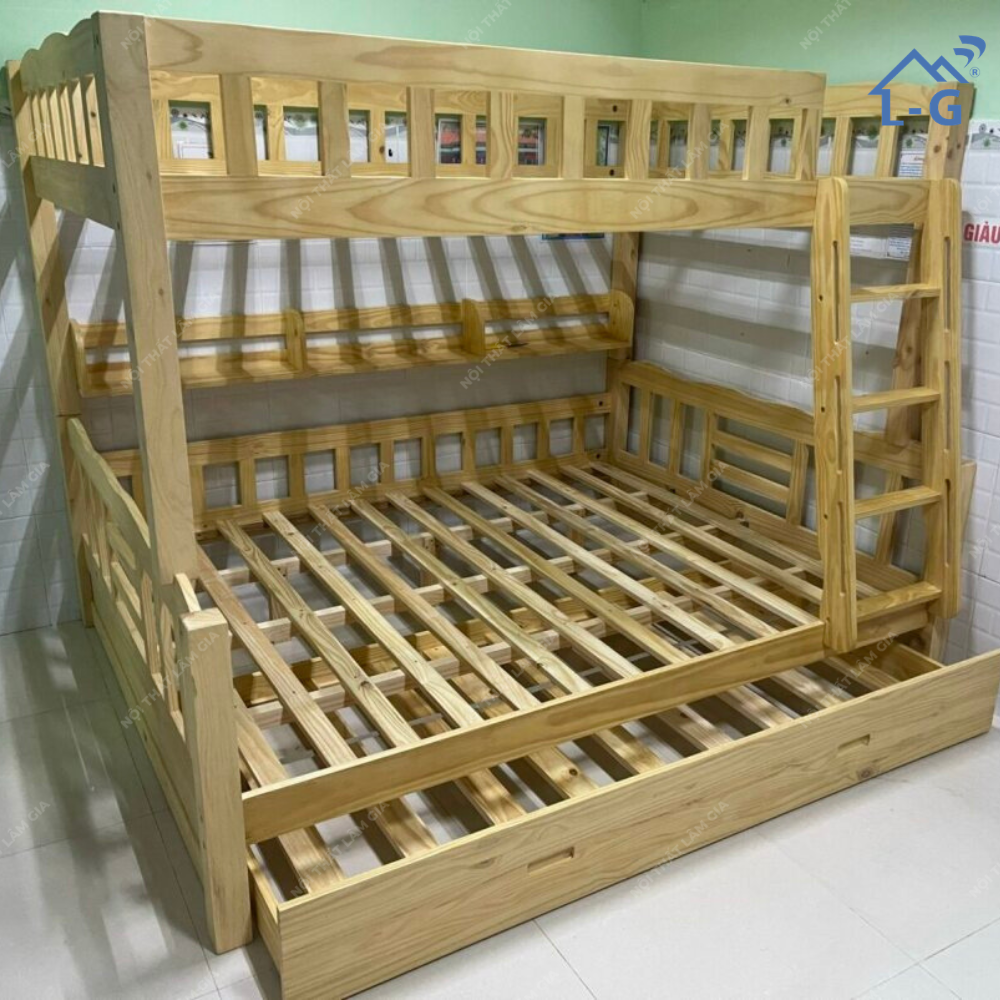 Giường Tầng Gỗ Thông Mỹ 2 Tầng Lệch 1M2/1M6 (BUN)