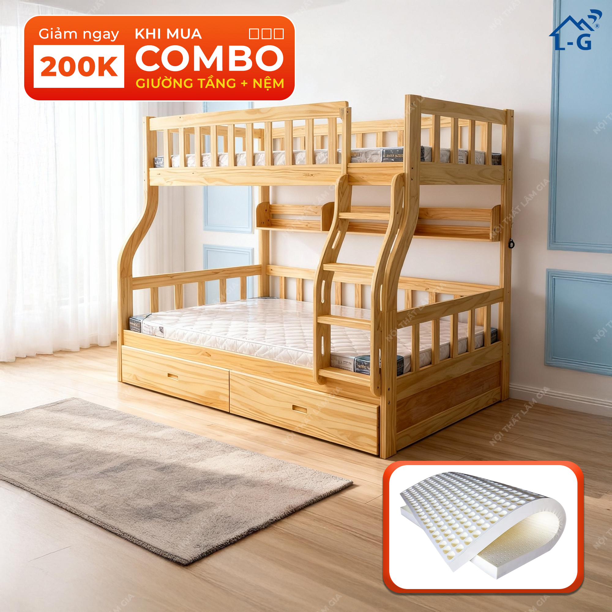 Giường Tầng Gỗ Thông Mỹ 2 Tầng Lệch