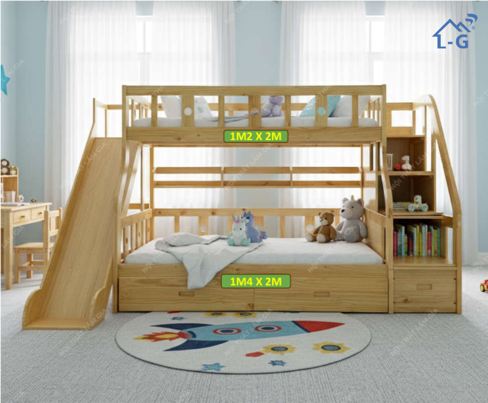 Giường Tầng Gỗ Thông Mỹ Cầu Thang Bậc Hộp Có Cầu Trượt (GTGTMCHBHCCT)