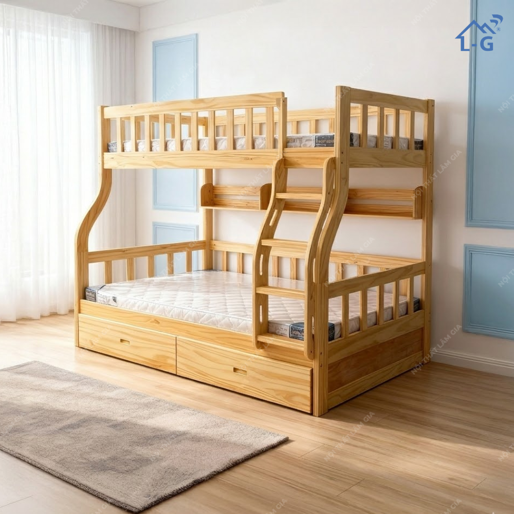 Giường Tầng Lệch Gỗ Thông Mỹ Cao Cấp Cầu Thang Trèo (GTGTCCCTT) Mã LUX