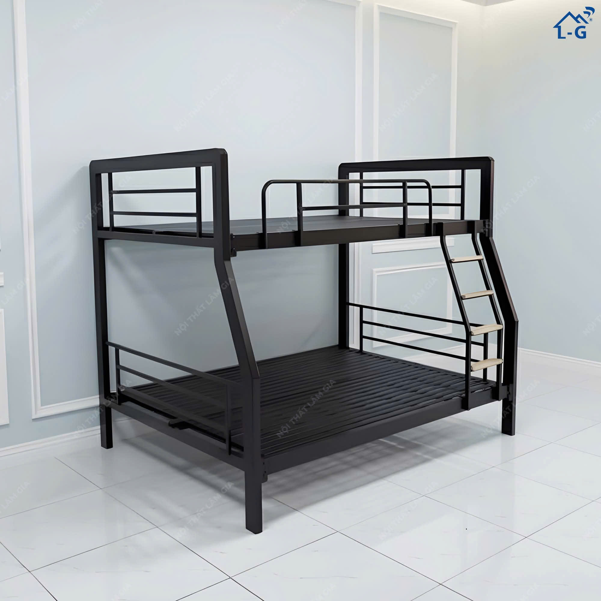 Giường Tầng Lệch Sắt Hộp 4x8 Cầu Thang Bậc Gỗ (GTLSH4x8CTBG)