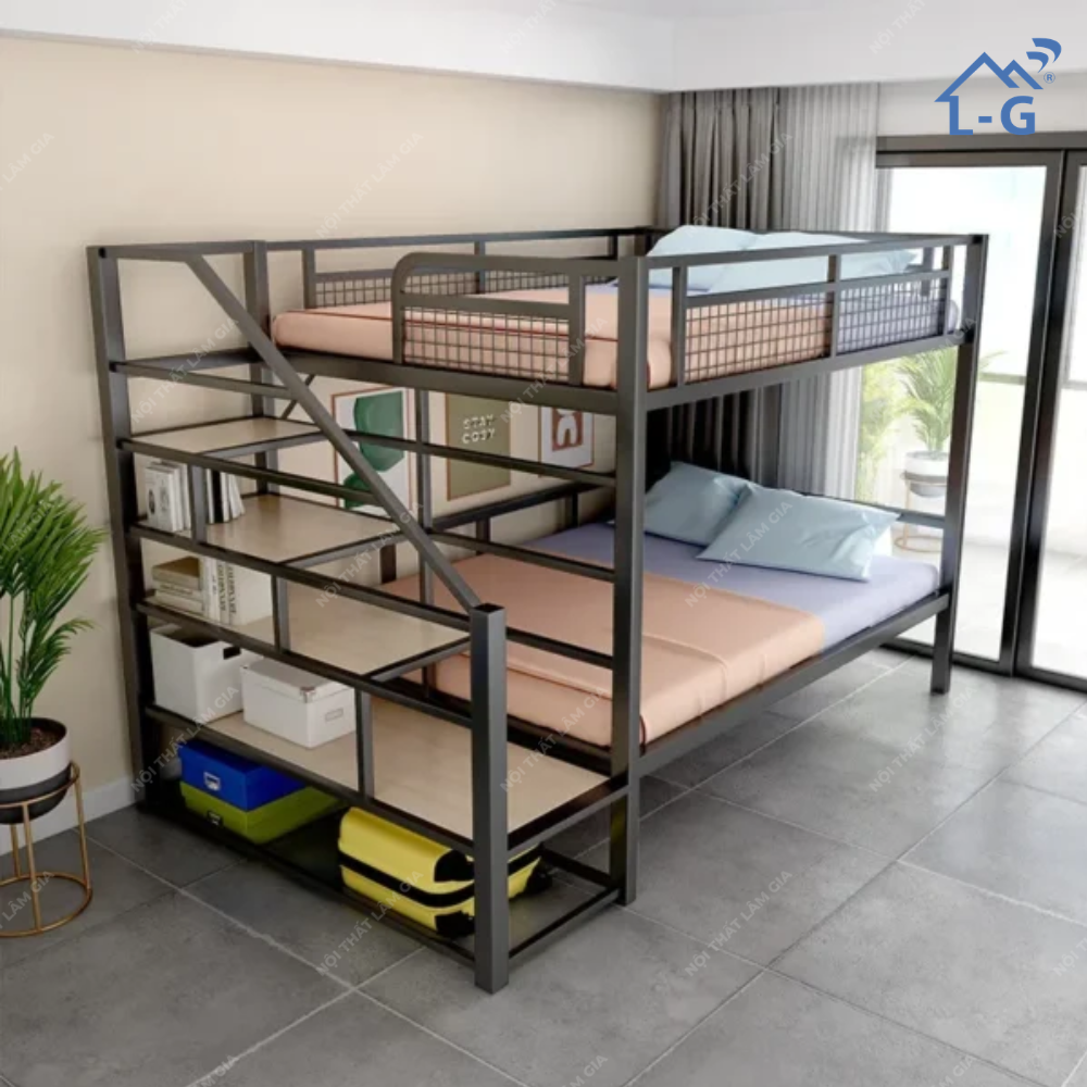 Giường Tầng Sắt Hộp 5x5 Cầu Thang Bậc Bên Hông(G2T-LG)