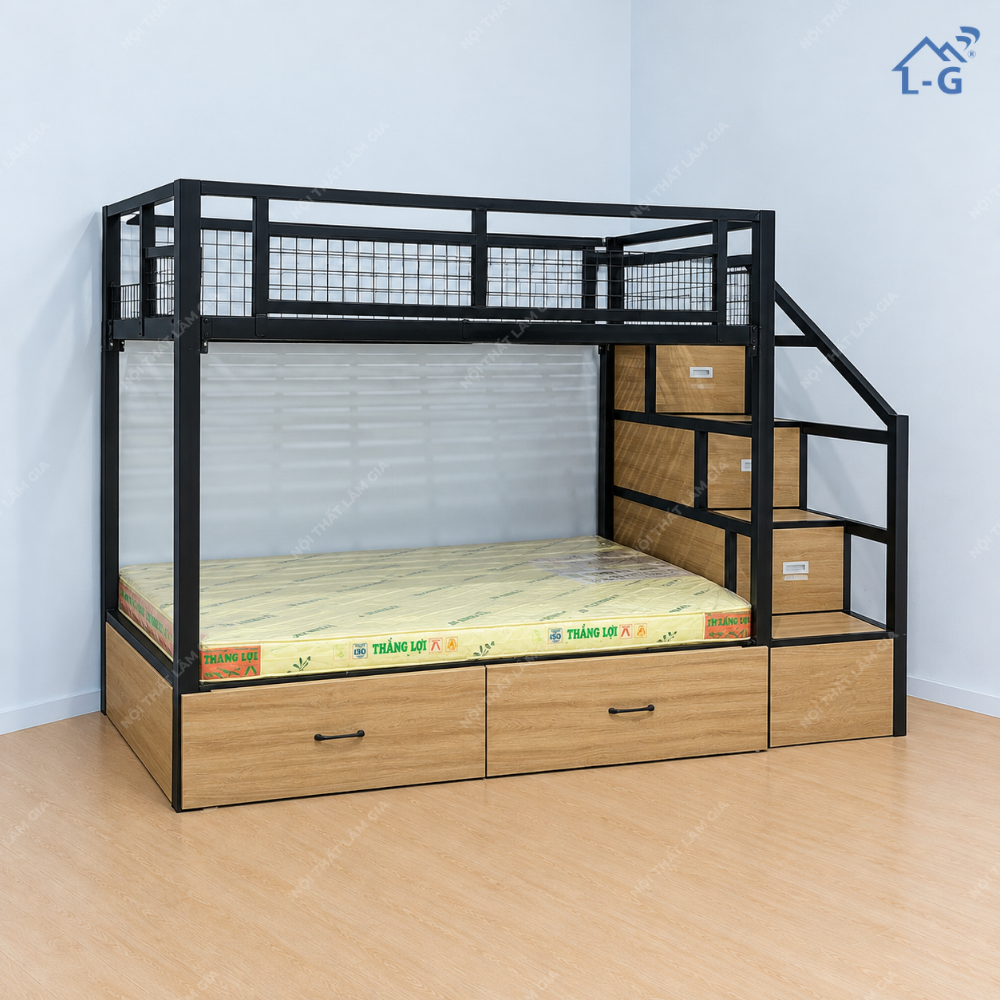 Giường Tầng Sắt Hộp 5x5 Cầu Thang Hộc Kéo (GTS-LG)