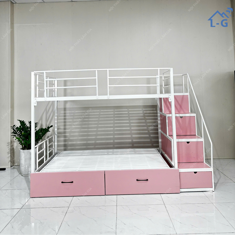 Giường Tầng Sắt Hộp Vuông 4x4 Cầu Thang Bậc Hộp Kéo Bên Hông (GTS4X4CTBHK)