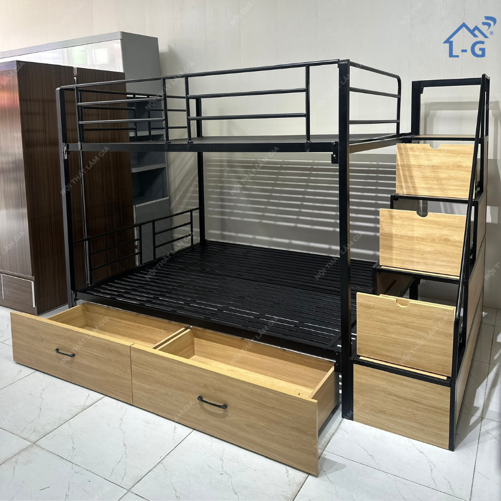 Giường Tầng Sắt Hộp Vuông 4x4 Cầu Thang Bậc Hộp Kéo Bên Hông (GTS4X4CTBHK)