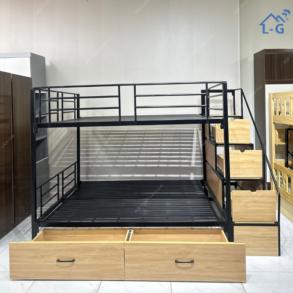 Giường Tầng Sắt Hộp Vuông 4x4 Cầu Thang Bậc Hộp Kéo Bên Hông (GTS4X4CTBHK)