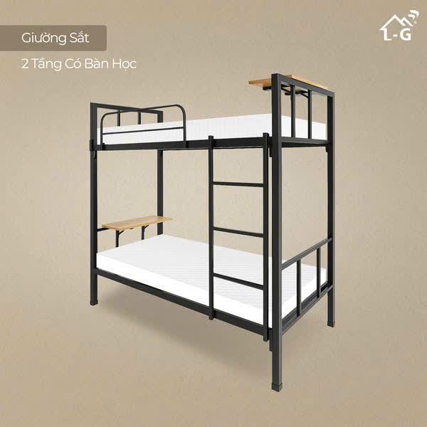 Giường Tầng Sắt Hộp Vuông 4x4 Có Bàn Học (GTSBH)