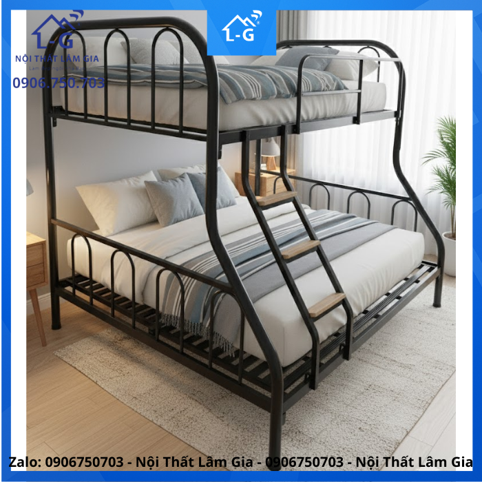 Giường Tầng Sắt Ống Tròn Cầu Thang Bậc Gỗ