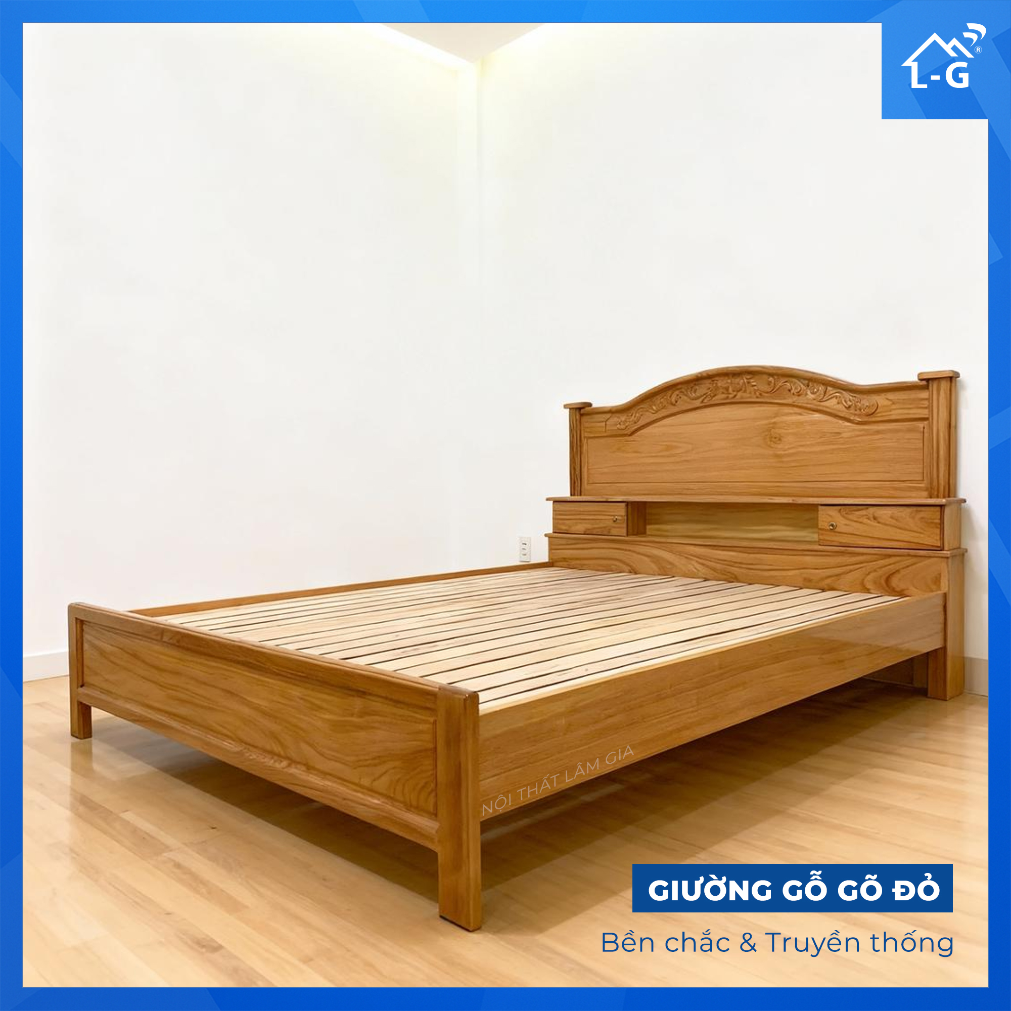 Giường gỗ Gõ cao cấp mẫu Vương miệng