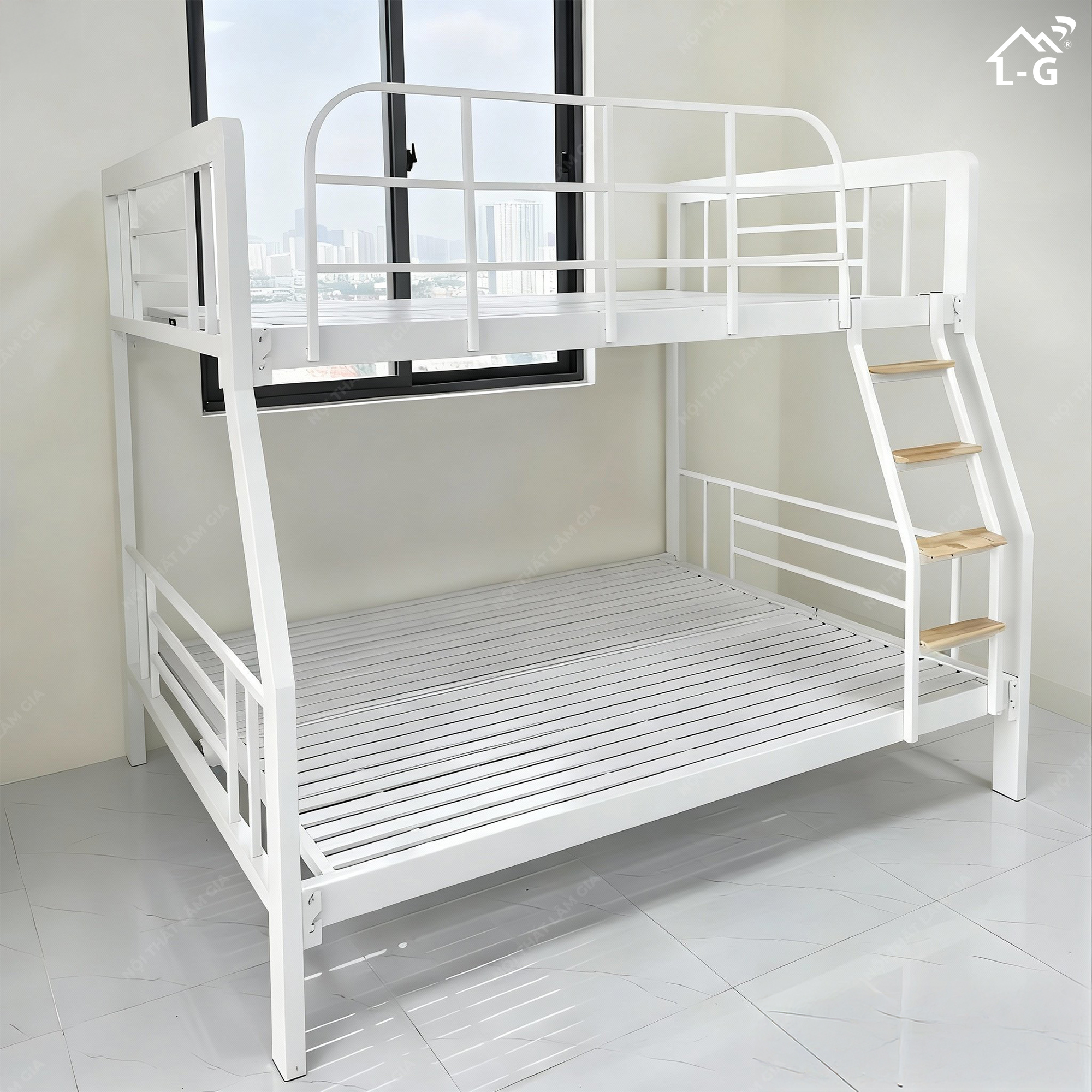 Giường Tầng Lệch Sắt Hộp 4x8 Cầu Thang Bậc Gỗ (GTLSH4x8CTBG)