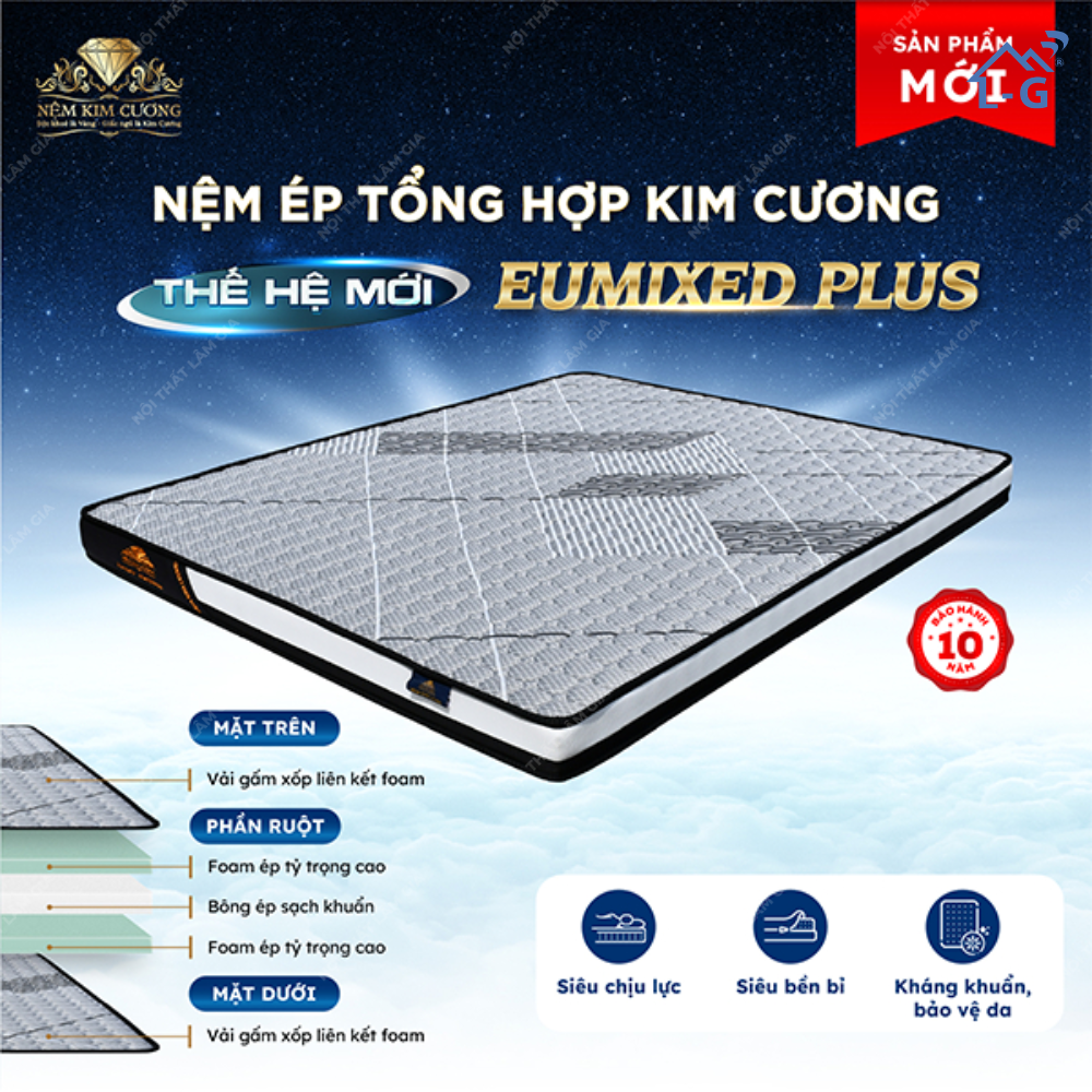 Nệm Ép Tổng Hợp Kim Cương Eumixed Plus (NETH-KC) Dày 17cm