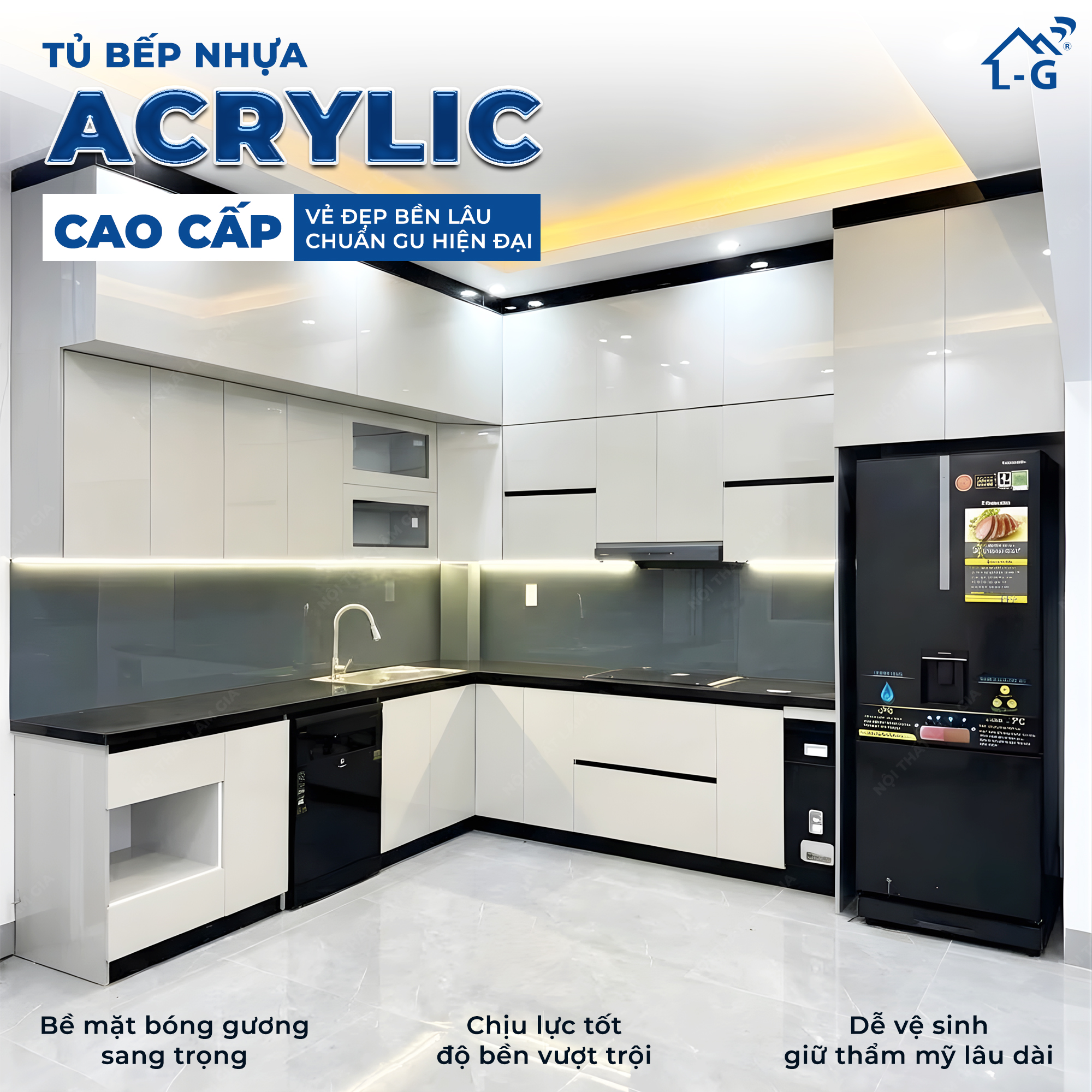 THI CÔNG TỦ BẾP KHUNG ECOPLAST CÁNH NHỰA ĐẶC PHỦ ACRYLIC (TÍNH TRÊN MÉT DÀI)