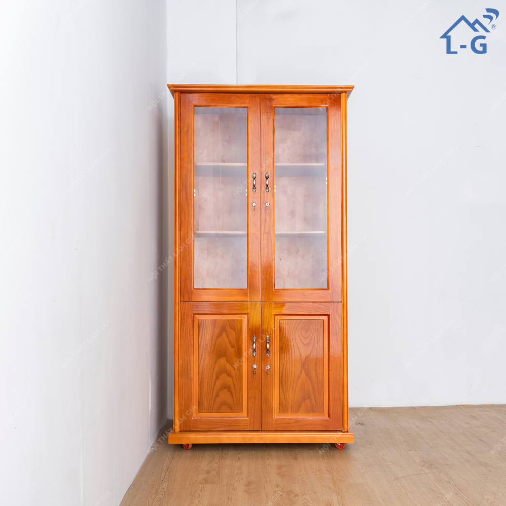 TỦ HỒ SƠ GỖ SỒI 2 CÁNH KÍNH + 2 CÁNH MỞ
