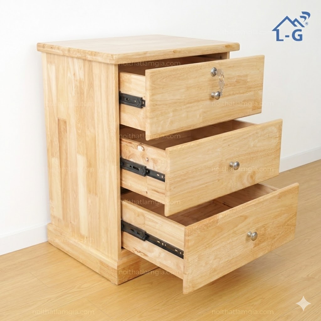 Tủ Đầu Giường Gỗ Cao Su 3 Hộc Kéo (TDG-LG)