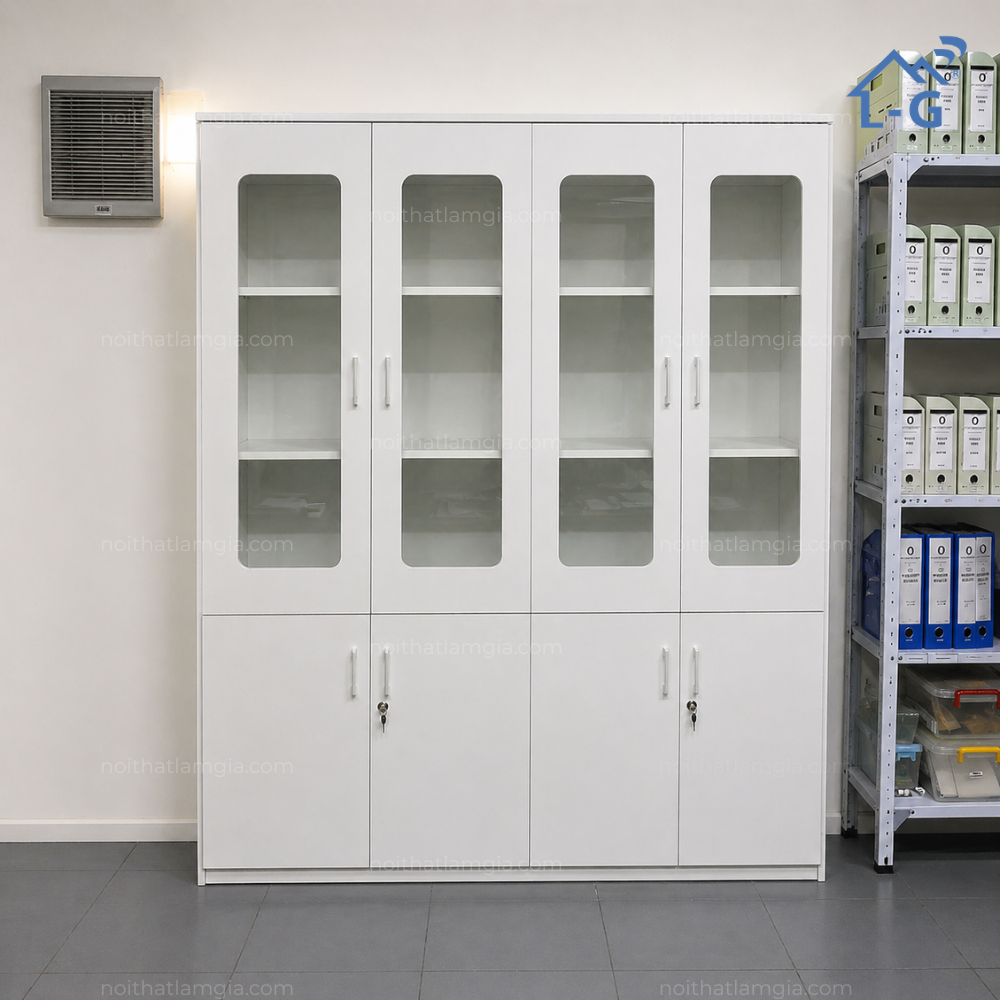Tủ Hồ Sơ Gỗ MDF 4 Cửa Kính + 4 Cửa Mở (THSGMDF4CK4CM)