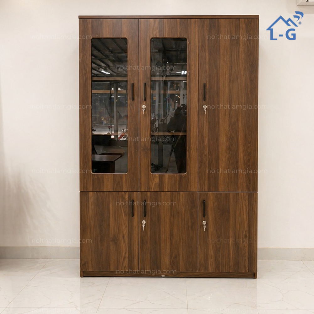 Tủ Hồ Sơ Gỗ MDF Cánh Kính + 3 Cánh Mở (THSGMDF3CK3CM)