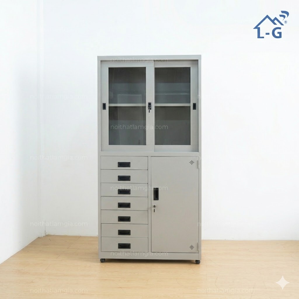 Tủ Hồ Sơ Sắt Sơn Tĩnh Điên 2 Cánh Lùa Kính + 1 Cánh Mở + 7 Hộc Kéo (THS-LG)