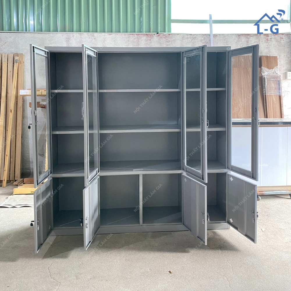 Tủ Hồ Sơ Sắt Sơn Tĩnh Điện 4 Cánh Kính + 4 Cánh Mở Lâm Gia (THS-LG)