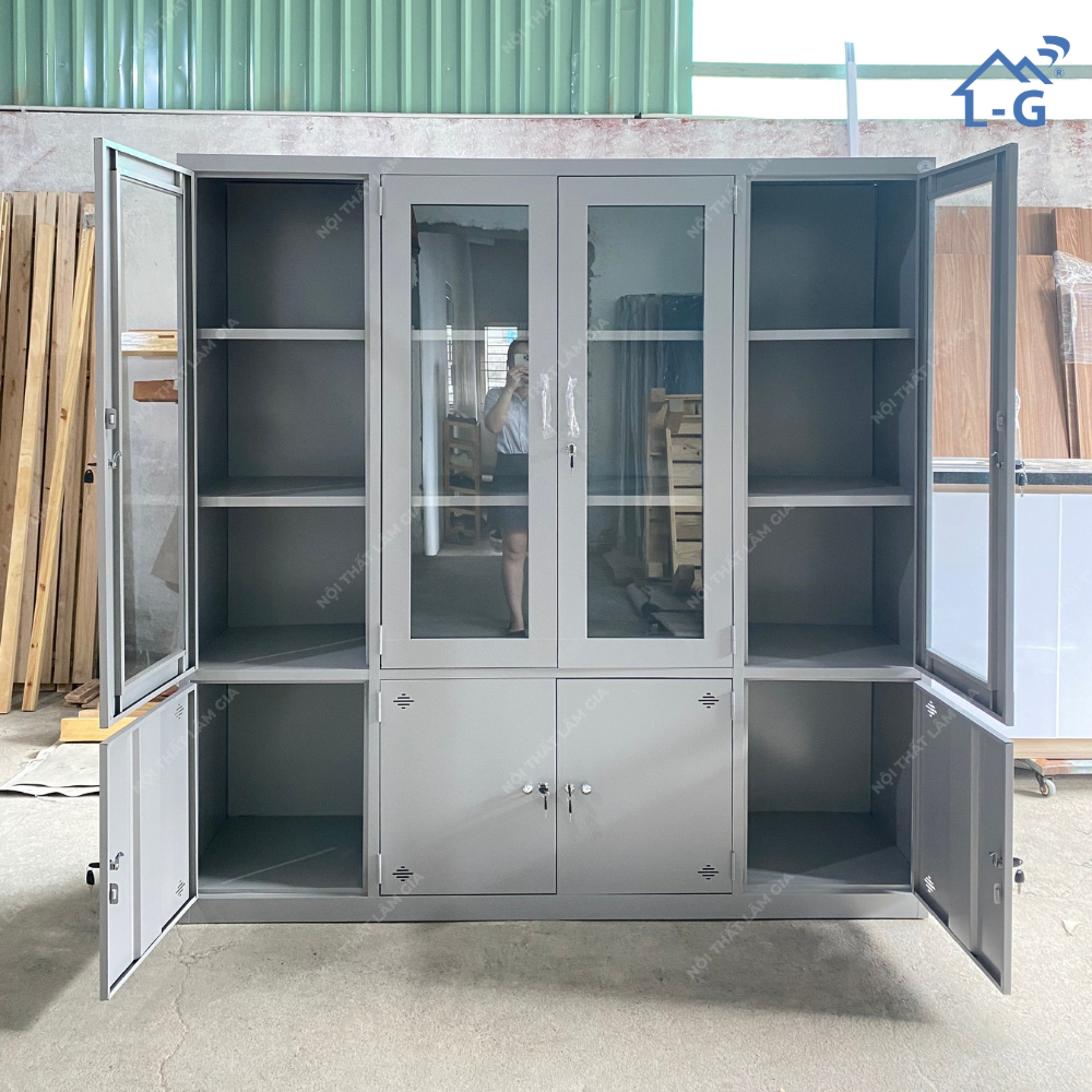 Tủ Hồ Sơ Sắt Sơn Tĩnh Điện 4 Cánh Kính + 4 Cánh Mở Lâm Gia (THS-LG)