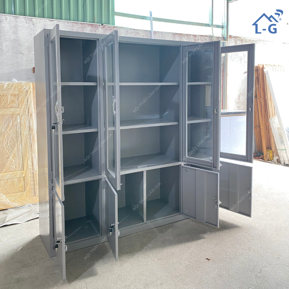 Tủ Hồ Sơ Sắt Sơn Tĩnh Điện 4 Cánh Kính + 4 Cánh Mở Lâm Gia (THS-LG)