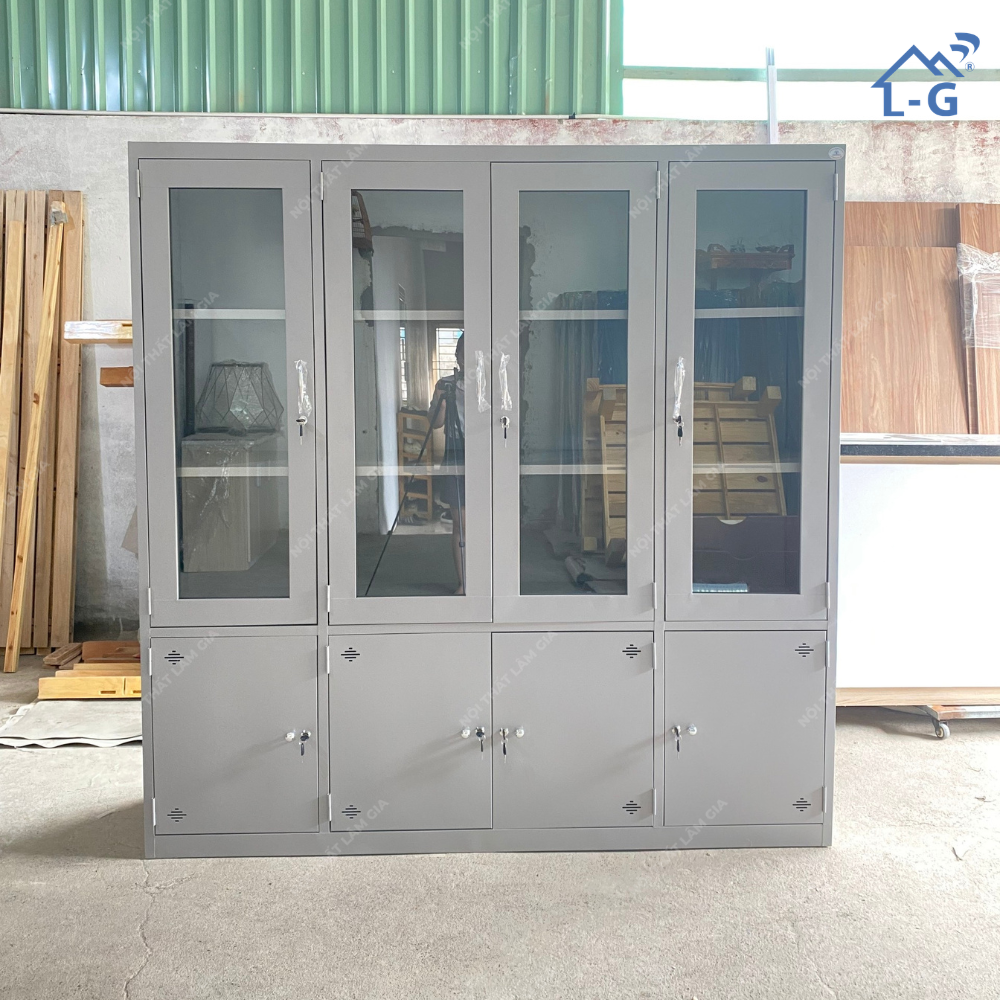 Tủ Hồ Sơ Sắt Sơn Tĩnh Điện 4 Cánh Kính + 4 Cánh Mở Lâm Gia (THS-LG)