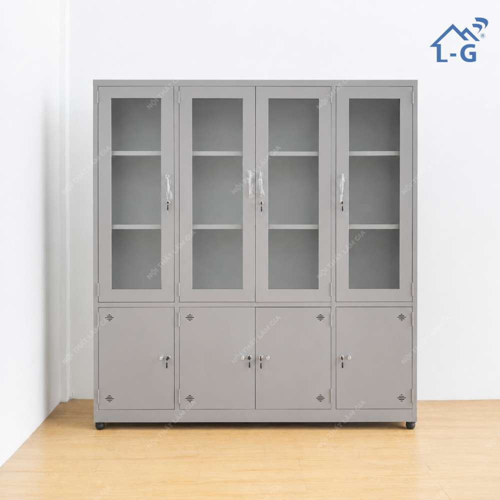 Tủ Hồ Sơ Sắt Sơn Tĩnh Điện 4 Cánh Kính + 4 Cánh Mở Lâm Gia (THS-LG)