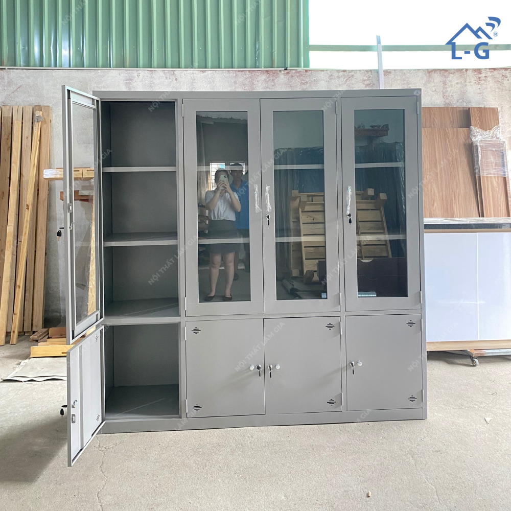 Tủ Hồ Sơ Sắt Sơn Tĩnh Điện 4 Cánh Kính + 4 Cánh Mở Lâm Gia (THS-LG)