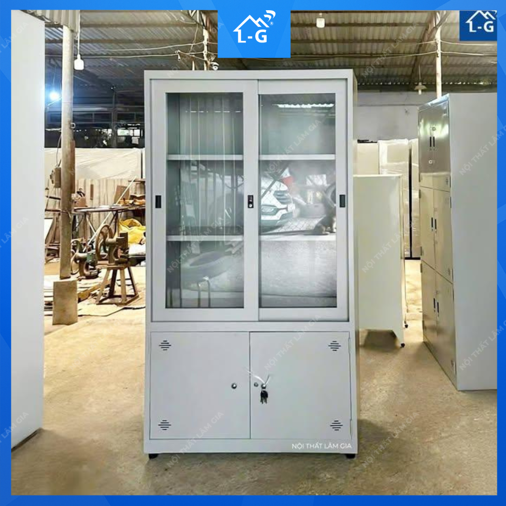 Tủ hồ sơ 4 cánh kiếng 2 cánh kiếng lùa + 2 cánh mở dưới