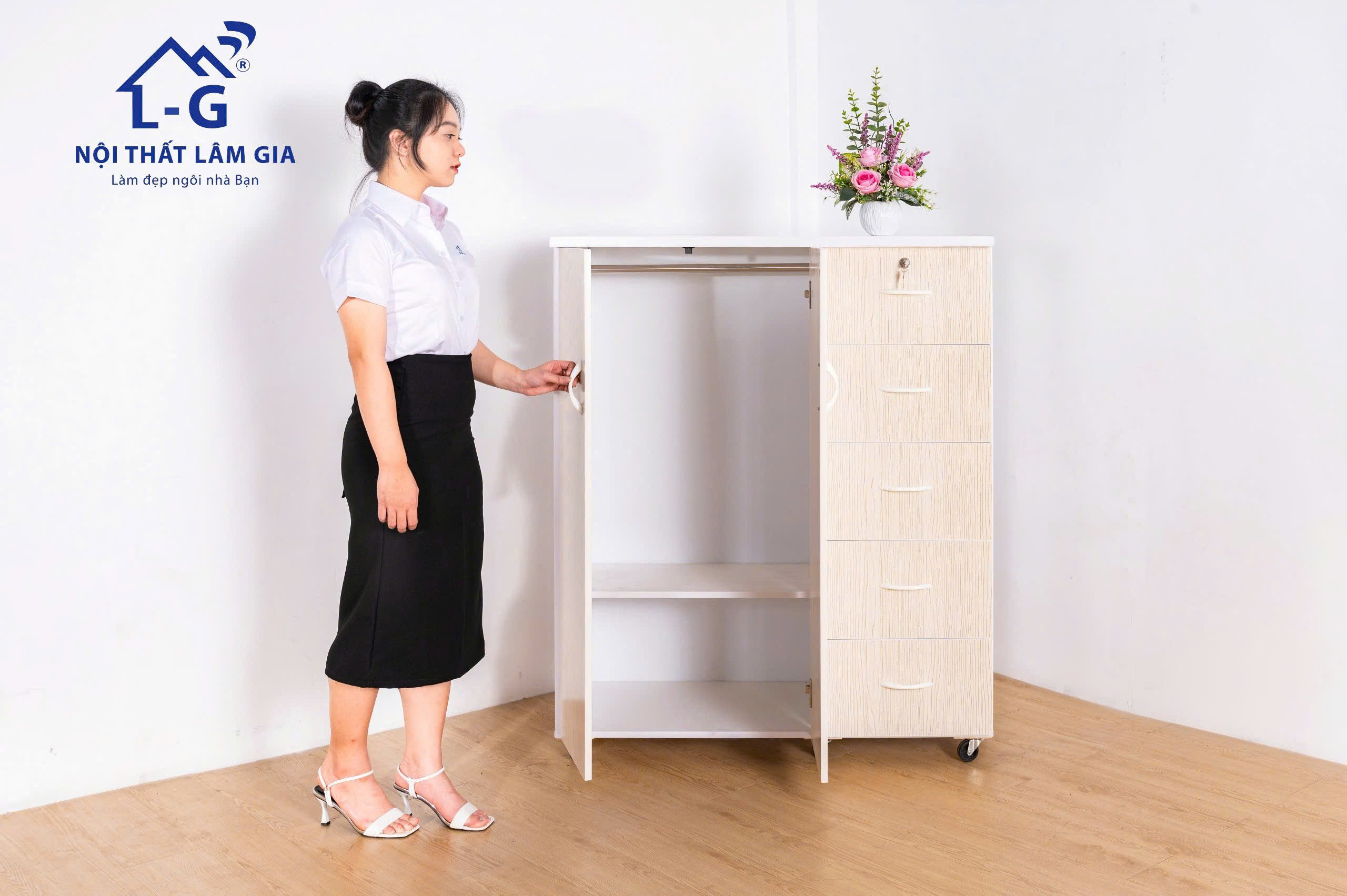 Tủ nhựa đài loan 2 cánh 5 hộc đựng quần áo trẻ em thiết kế 1 tông màu