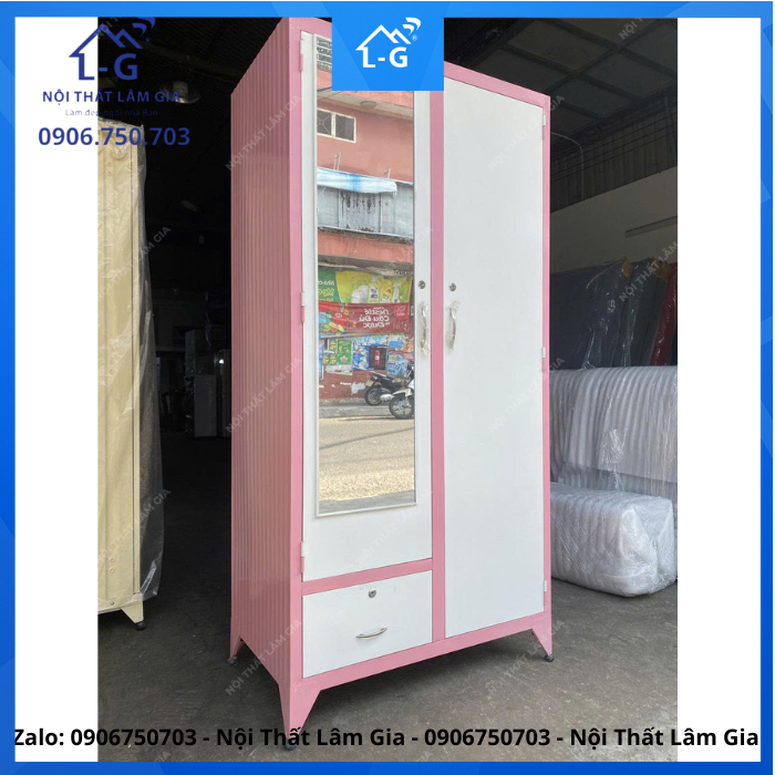 Tủ sắt quần áo 2 cánh cao 1m6 Ngang 90 Sâu 50 màu hồng Lâm Gia