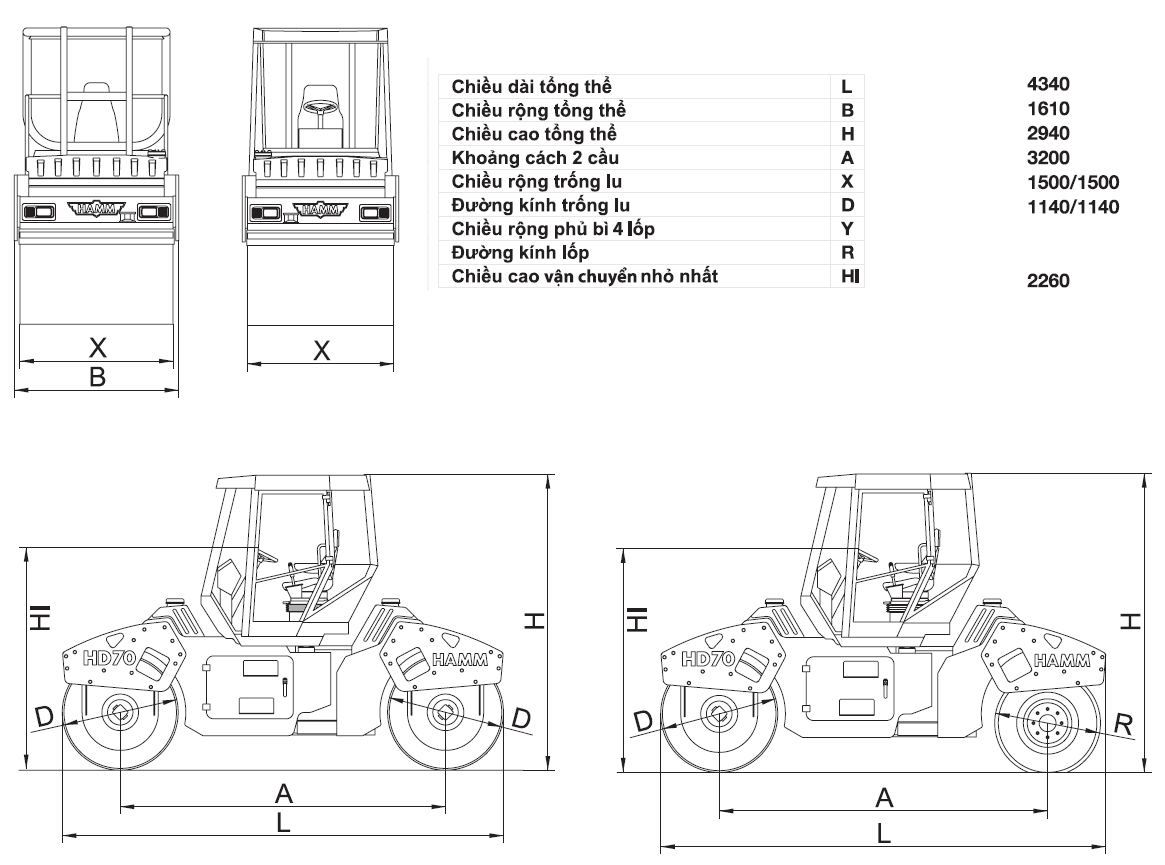 kích thước xe lu Hamm HD70