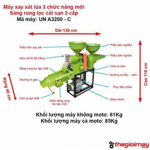 MÁY XÁT GẠO 3 CHỨC NĂNG UN A3200-C 3KW 2900 220V