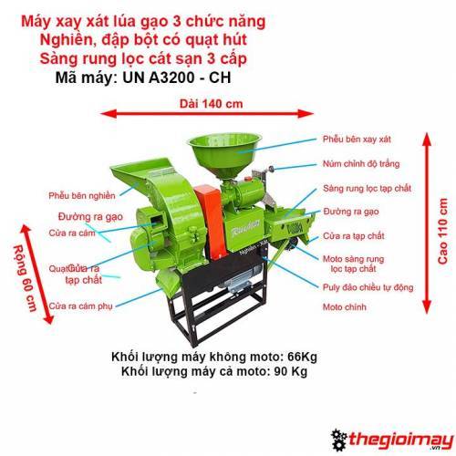 MÁY XÁT GẠO 3 CHỨC NĂNG UN A3200-CH 3KW 2900 220V