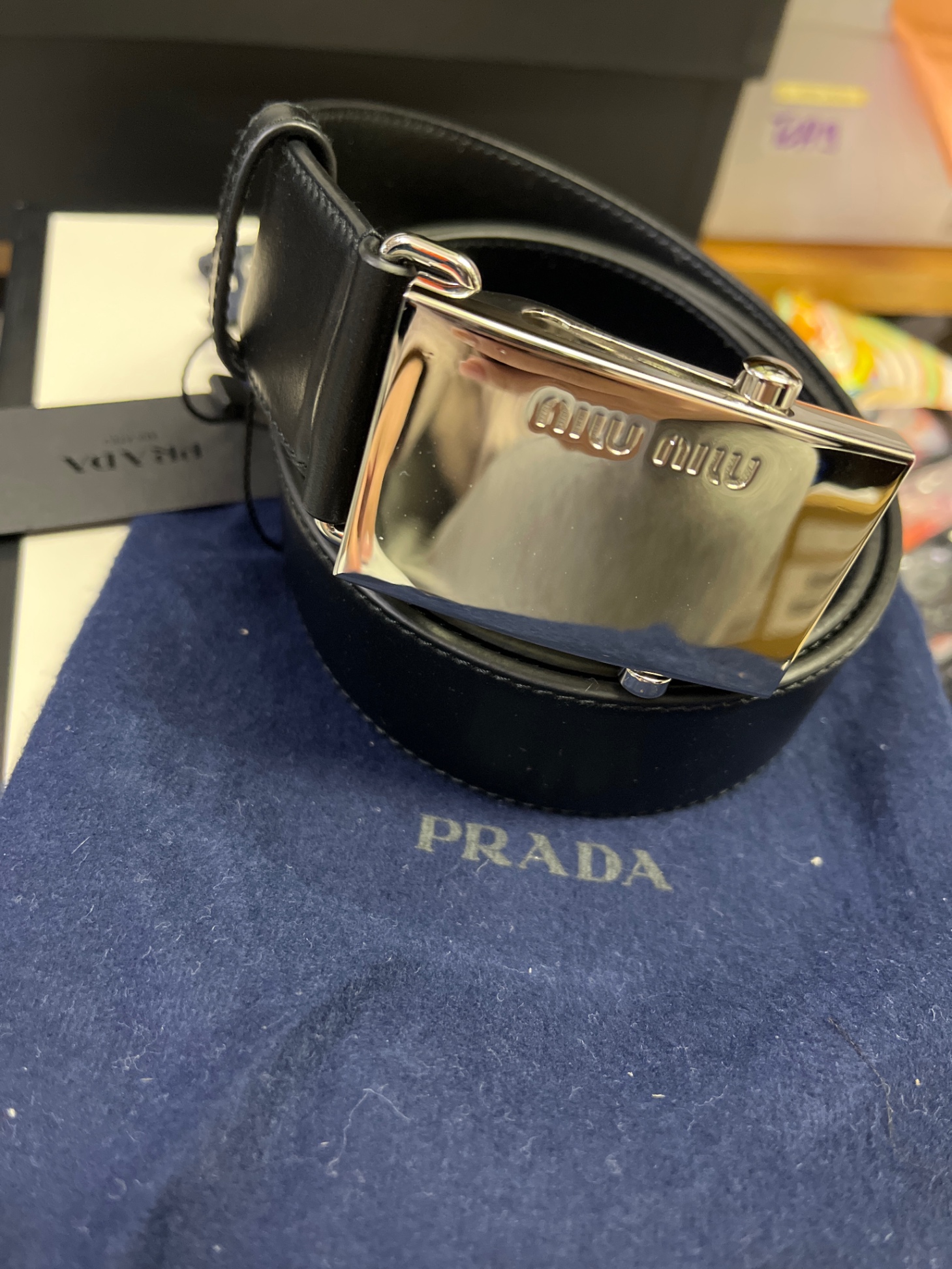 Belt Miu Miu đen khoá chữ nhật - bản 3.4cm-75cm