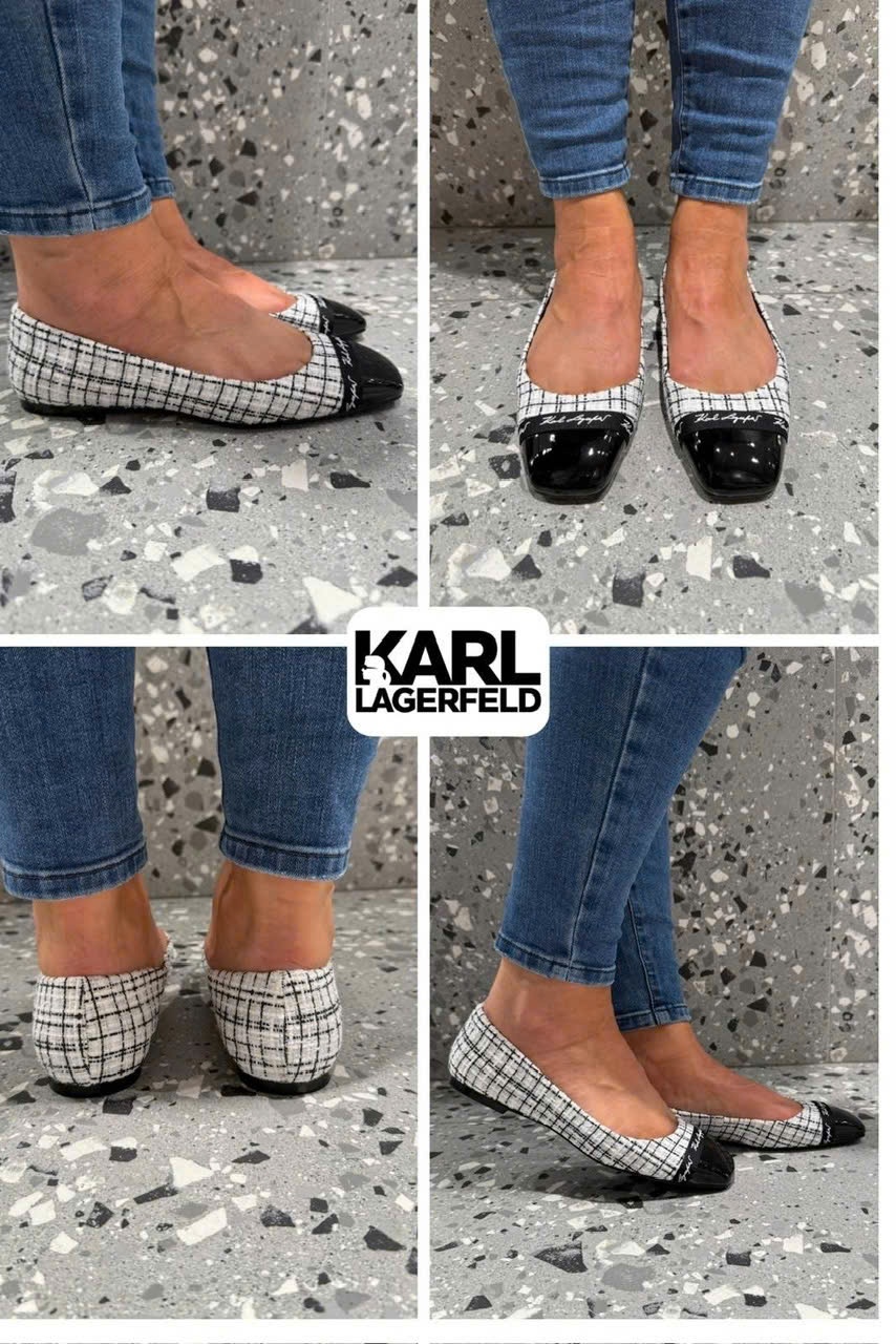 Giày bệt Karl dạ tweed trắng check đen