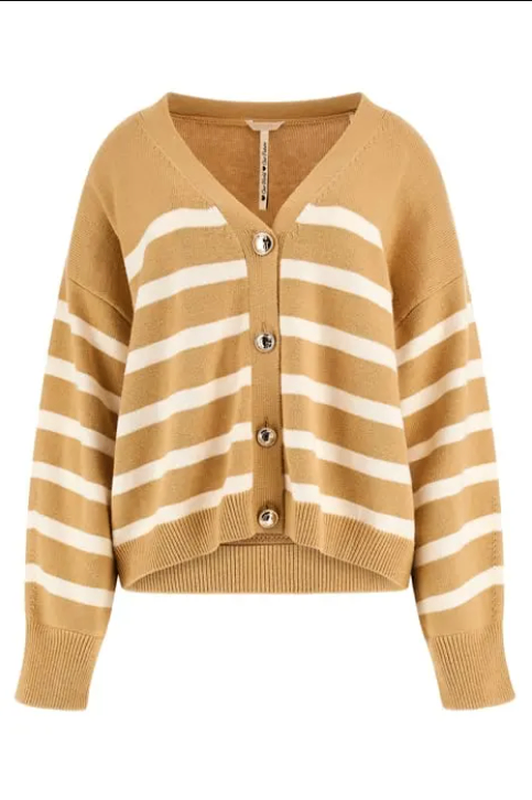 Cardigan sọc nâu taupe và trắng - GUESS ECO