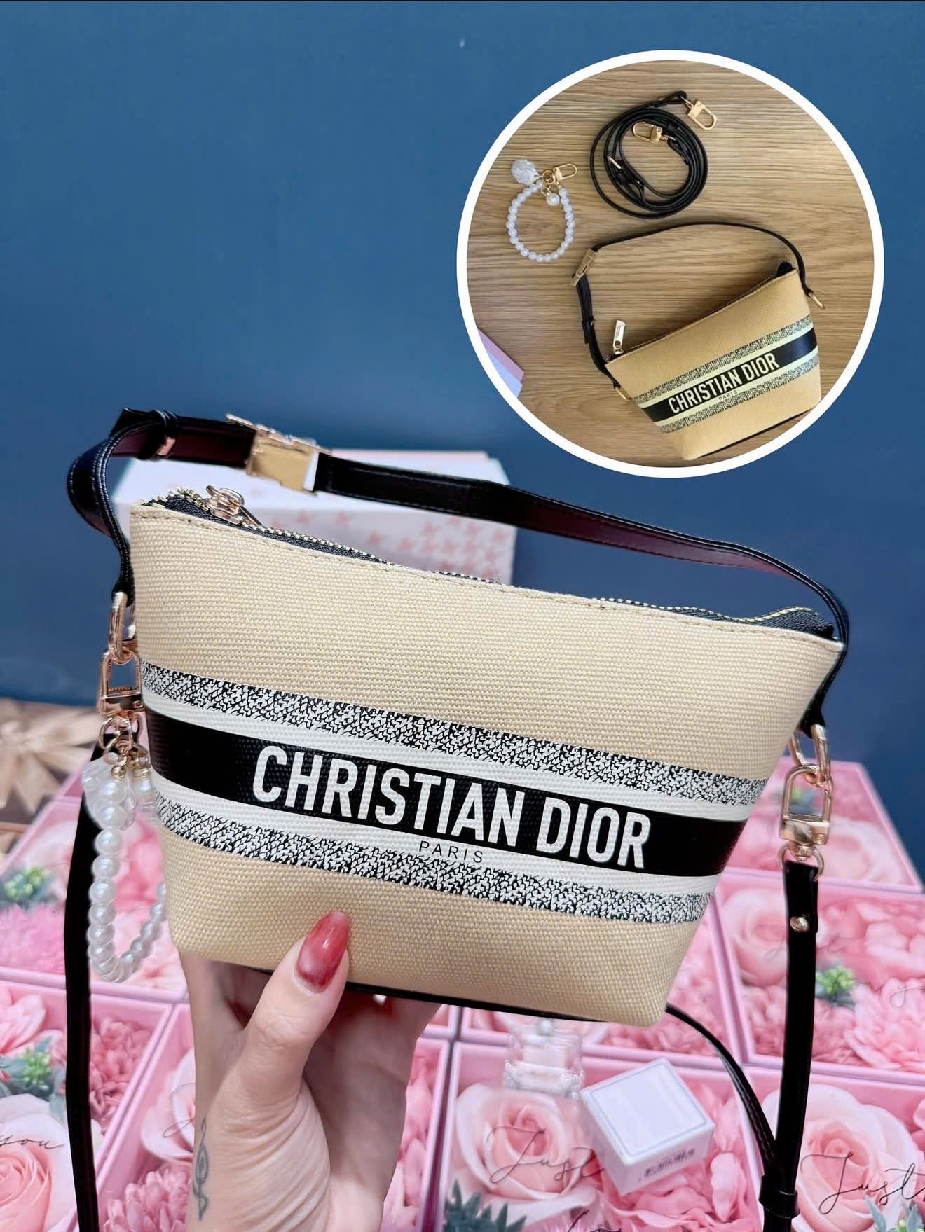 Túi Dior cói màu vàng cát 21x12x7