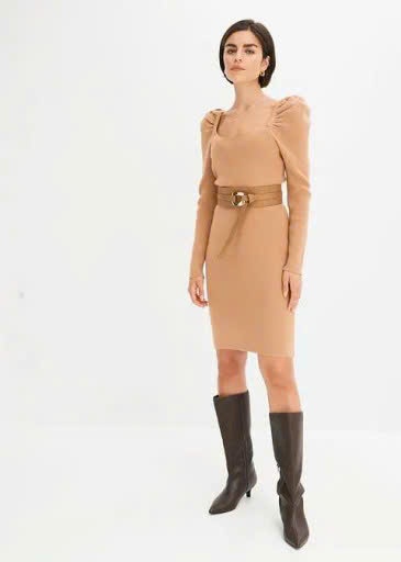 Váy len cổ vuông nâu sáng - body flist ko kèm belt