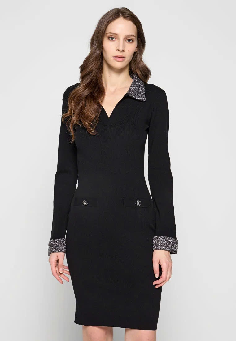 Váy Karl đen tay dai, cổ dạ tweed AWW13014