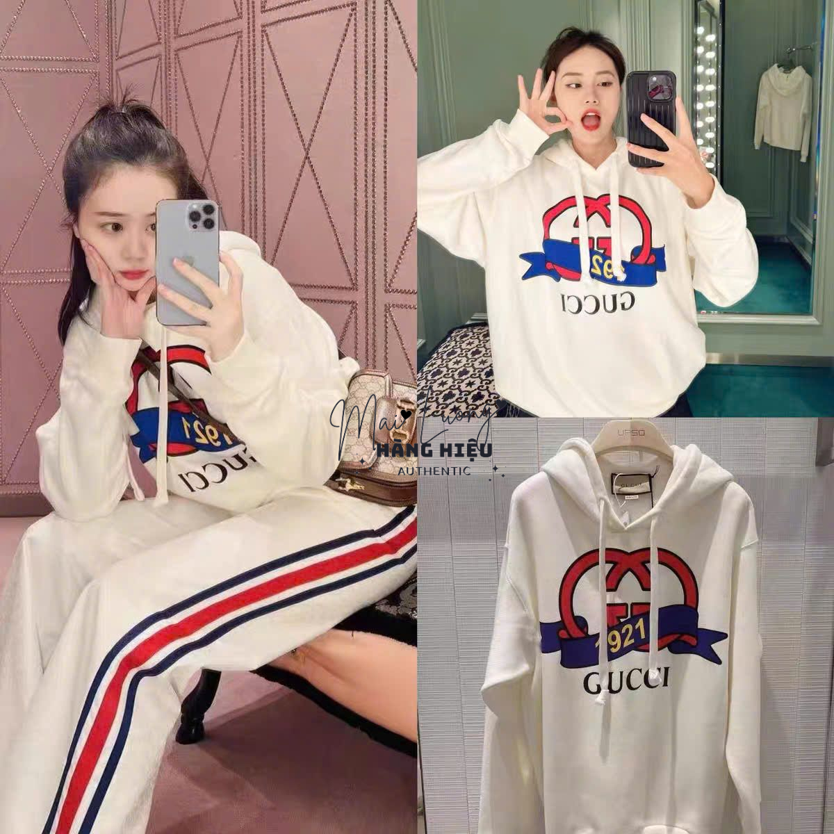 Áo hoodie GG logo lồng đỏ xanh 1921 (717427)