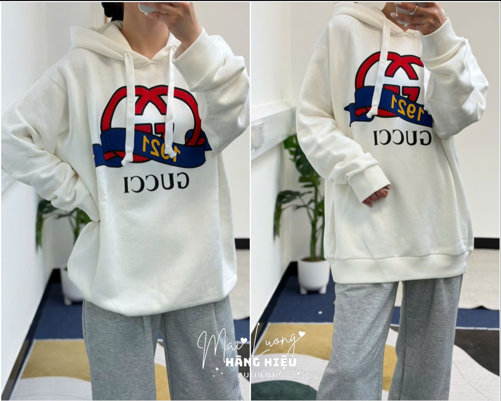 Áo hoodie GG logo lồng đỏ xanh 1921 (717427)