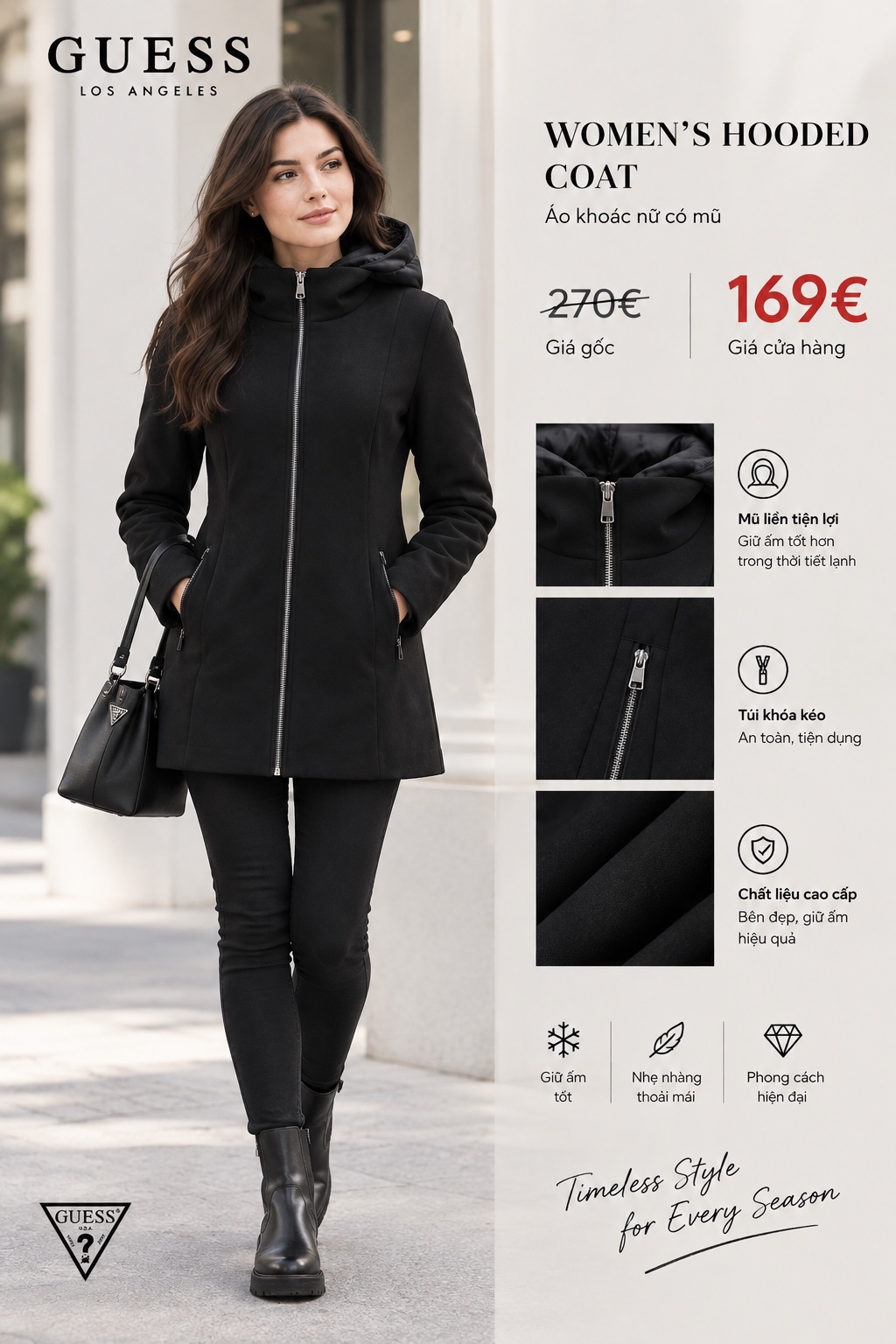 Áo khoác Guess màu đen - dáng lửng + mũ