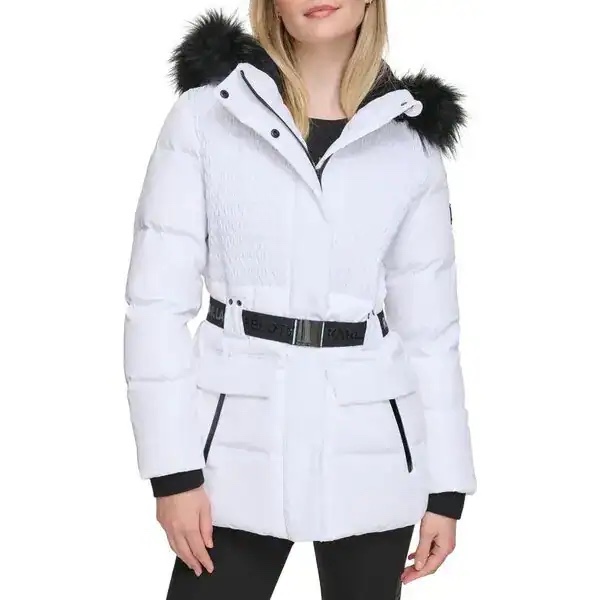 Áo khoác phao Karl trắng có mũ + belt - LWEMP917